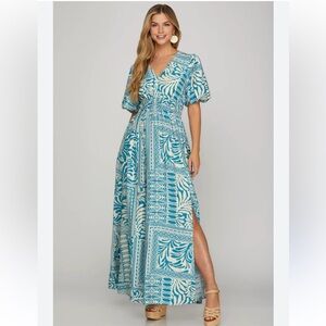 She + Sky Teal Patterned Maxi Dress • Size Small • NWOT